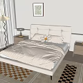 Double Bed With Upholstered Headboard Striped Linen Decorative Pillow Nightstands And Geometric Rugs