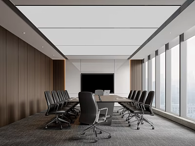 Modern Conference Room Interior With Long Table Black Office Chairs Wooden Walls And Large Windows 3d model
