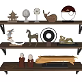 Decorative Ornament Set On Wooden Shelves With Oriental Designs And Mixed Materials
