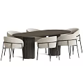 Modern Minimalist Dining Table Set With Grooved Wooden Column Base And Beige Upholstered Chairs