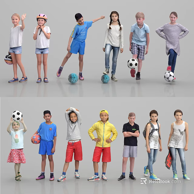 Group of Children Playing Soccer with Balls in Different Casual Outfits 3d model 