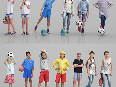 Group of Children Playing Soccer with Balls in Different Casual Outfits 3d model