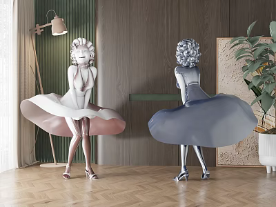 Female Sculpture Flowing Skirt High Heels Pink White Blue In Wooden Background Floor Lamp Plant 3d model