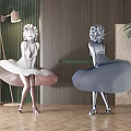 Female Sculpture Flowing Skirt High Heels Pink White Blue In Wooden Background Floor Lamp Plant