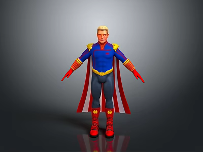 Superhero Character With Blue Top Red Cape And Gold Accents In Standing Pose 3d model