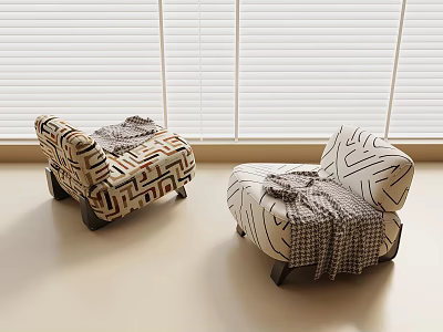 Two Stylish Accent Chairs With Geometric Patterns And Throw Blankets Near Window Blinds 3d model