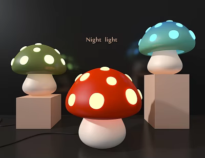 Mushroom Shaped Table Lamp Night Light Green Red Blue with White Spots on Square Base 3d model