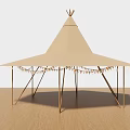 Outdoor Beige Conical Canopy With Colorful String Lights And Wooden Frames