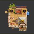 Cartoon Style Multi Level Castle Scene With Towers Palm Tree And Colorful Brick Details