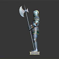 Blue Knight Armor With Ornate Design Axe Spear And Golden Base