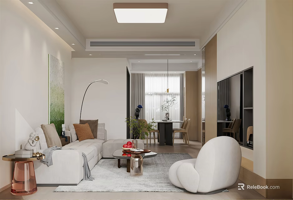 Modern Living and Dining Room Interior Design With Sofa Dining Table Pendant Light And Artwork 3d model 