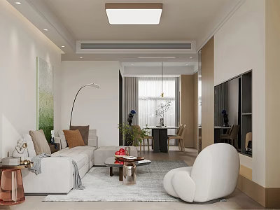 Modern Living and Dining Room Interior Design With Sofa Dining Table Pendant Light And Artwork 3d model