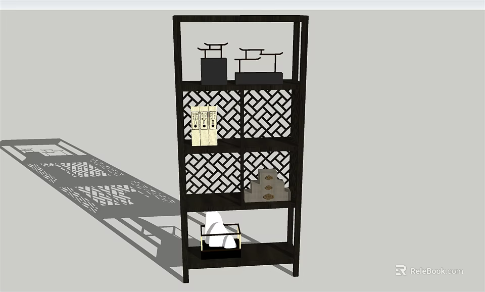Traditional Chinese Antique Display Shelf With Lattice Design And Decorative Items 3d model 