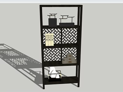 Traditional Chinese Antique Display Shelf With Lattice Design And Decorative Items 3d model