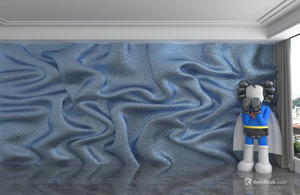 Blue Wavy Texture Background Wall With Cartoon Figure In Blue And White Outfit 3d model 
