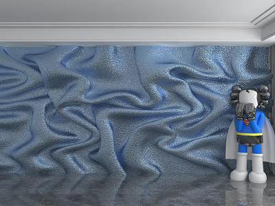 Blue Wavy Texture Background Wall With Cartoon Figure In Blue And White Outfit 3d model