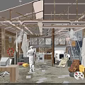 Industrial Workshop Interior With Exposed Wooden Beams Tools Furniture And Clutter