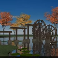 Decorative Garden Ornament Featuring Wooden Waterwheel Colorful Trees and Pond with Water Lilies