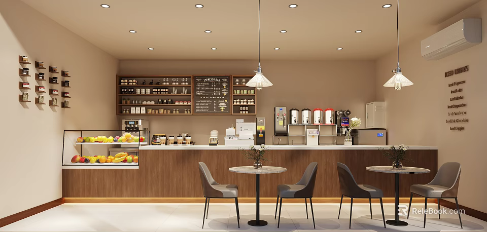 Modern Bubble Tea Shop Interior With Counter Tables Chairs Fruit Display And Menu Board 3d model 