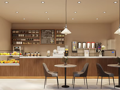 Modern Bubble Tea Shop Interior With Counter Tables Chairs Fruit Display And Menu Board 3d model