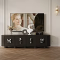 Wooden TV Stand with Vase Statue Record and Wall Lamps in Herringbone Floor Room