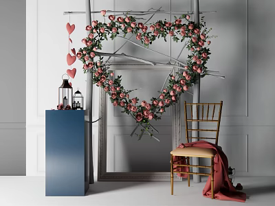 Heart Shaped Floral Art Display With Pink Flowers Greenery Blue Pedestal Lanterns And Wooden Chair 3d model