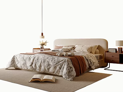 Modern Double Bed With Patterned Bedspread Blanket Nightstands Table Lamps And Open Book On Rug 3d model