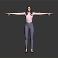Woman Standing With Arms Outstretched In Pink Top Blue Jeans And Gray Background