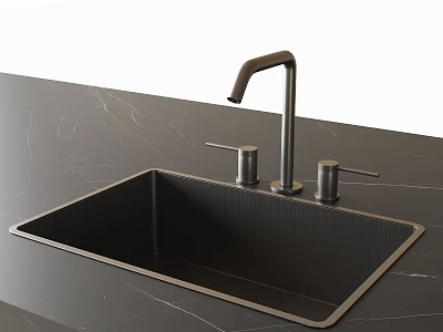 Elegant Black Sink with Marble Countertop and Tall Faucet Dual Controls 3d model