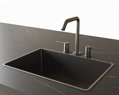 Elegant Black Sink with Marble Countertop and Tall Faucet Dual Controls 3d model