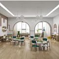 Preschool Classroom with Bright Tables Chairs Bookshelves Pendant Lights and Wooden Floor