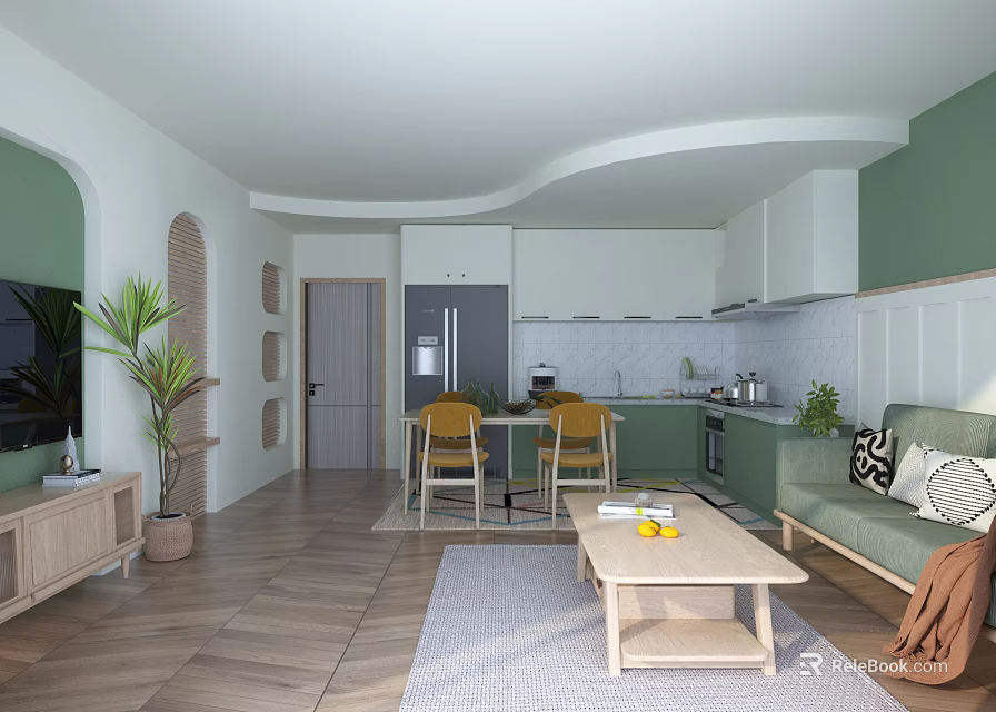 Modern Living And Dining Room With Green Walls Open Layout Sofa And Dining Table 3d model 