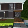 Modern Detached Villa With Large Glass Windows Stone Wall And Swimming Pool