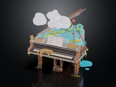 Creative Piano Themed Decorative Ornament Set With Clouds Lotus Leaves And Music Sheet 3d model
