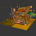 Cartoon Style Colorful Stall Scene with Shelves Hanging Lanterns and Colorful Items Under Green Canopy