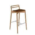 Modern Wooden Frame Bar Stools With Curved Backrest Leather Seat And Metal Crossbar