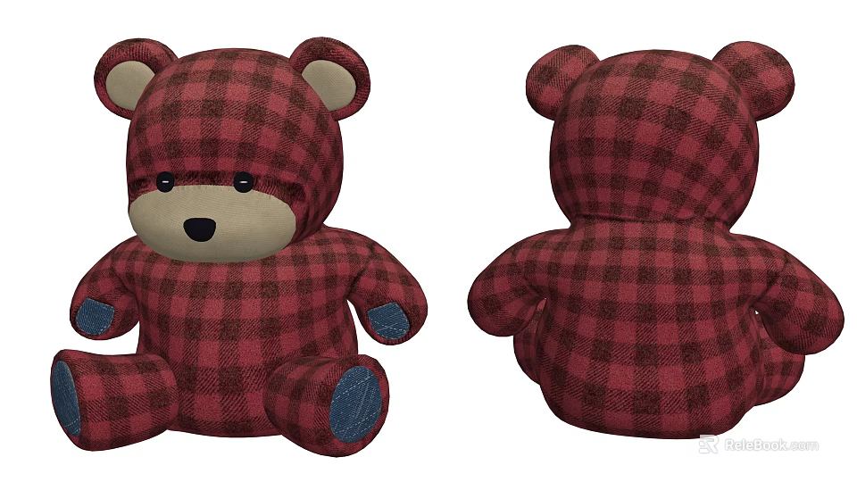 Red Plaid Pattern Teddy Bear Stuffed Toy with Front and Back Views 3d model 