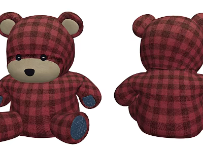 Red Plaid Pattern Teddy Bear Stuffed Toy with Front and Back Views 3d model
