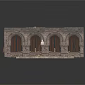 Vintage Stone Building Structure With Arched Windows And Wooden Bars 3d model