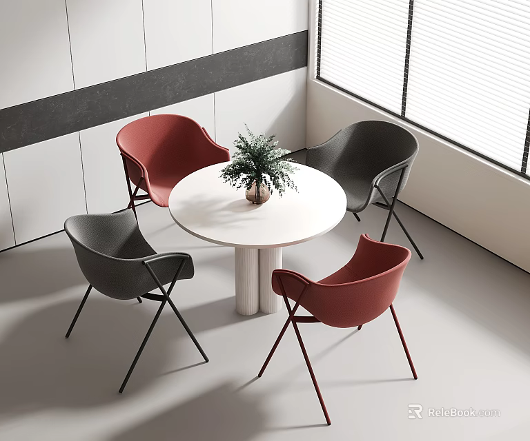 White Round Table with Red and Dark Gray Chairs and Potted Plant in Modern Interior 3d model 