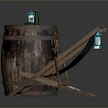 Rustic Wooden Barrel And Striped Deck Chair With Drink Bottles Setup