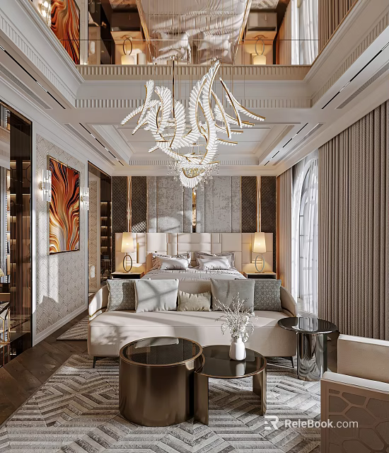 Elegant Modern Bedroom Interior With Gold Chandelier Upholstered Headboard Nightstands Sofa And Curtains 3d model 