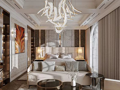 Elegant Modern Bedroom Interior With Gold Chandelier Upholstered Headboard Nightstands Sofa And Curtains 3d model