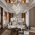 Elegant Modern Bedroom Interior With Gold Chandelier Upholstered Headboard Nightstands Sofa And Curtains