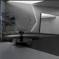 Modern Sofa Backdrop Wall With Geometric Lines And Lighting
