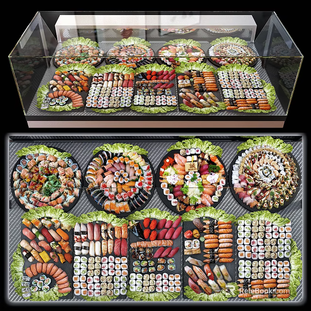 Appetizing Assorted Sushi Sashimi And Sausage Platter In Display Case With Fresh Colorful Arrangement 3d model 