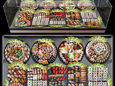 Appetizing Assorted Sushi Sashimi And Sausage Platter In Display Case With Fresh Colorful Arrangement 3d model