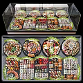 Appetizing Assorted Sushi Sashimi And Sausage Platter In Display Case With Fresh Colorful Arrangement