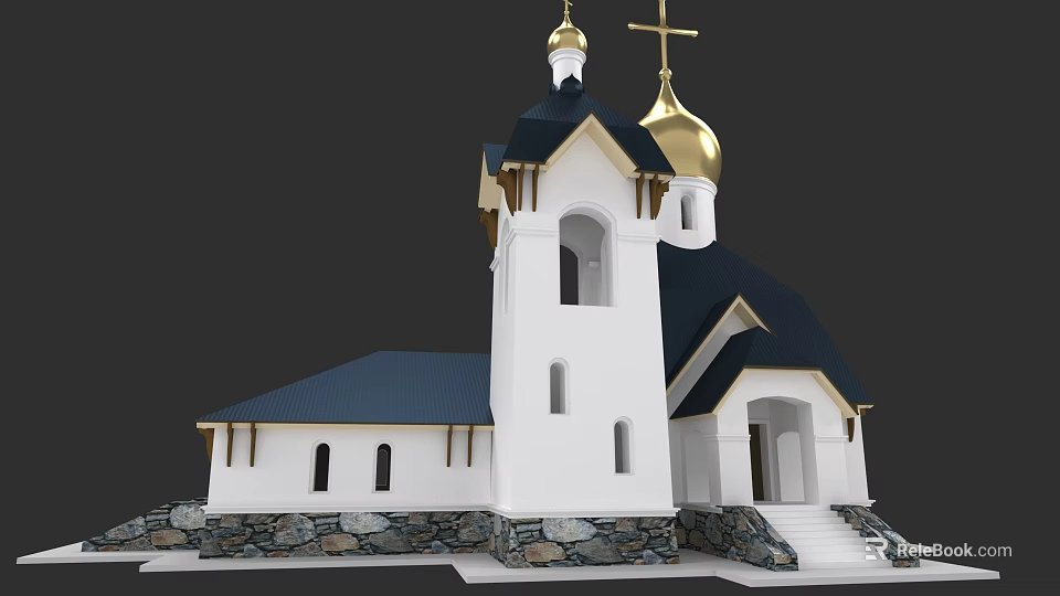 European Style Church Building With Golden Domes Crosses Black Roof And White Walls 3d model 