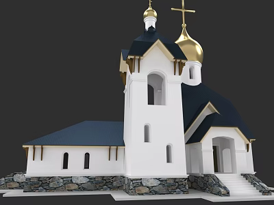 European Style Church Building With Golden Domes Crosses Black Roof And White Walls 3d model